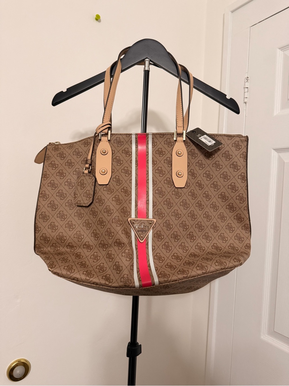 GUESS Brown Monogram Tote with Red Accent Stripe